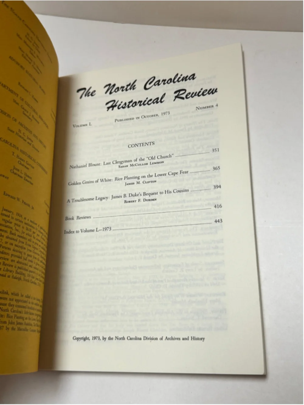 Vintage North Carolina Historical Review Autumn 1973 Book paperback